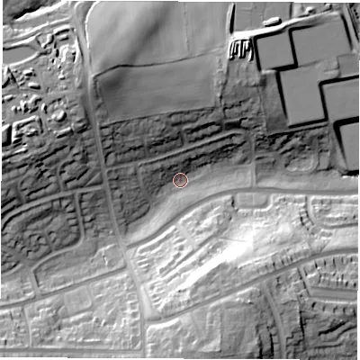Shaded relief map of the ground around S418JQ, computed from Environment Agency LiDAR. The ground here sits at about 89 m above sea level and falls 38 m across the surrounding 800 m. Surface water reaching this point runs off ground lying to the south-south-east, 29.0 m higher.