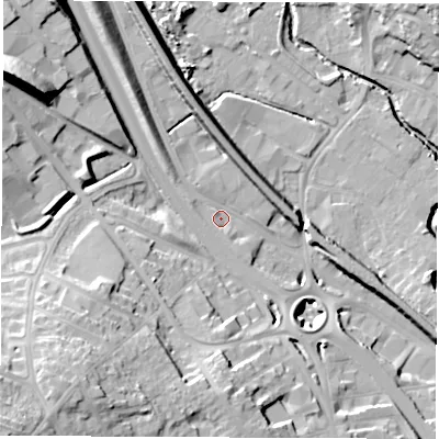 Shaded relief map of the ground around S418NB, computed from Environment Agency LiDAR. The ground here sits at about 71 m above sea level and falls 32 m across the surrounding 800 m. Surface water reaching this point runs off ground lying to the south-west, 25.3 m higher.
