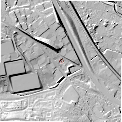 Shaded relief map of the ground around S418NL, computed from Environment Agency LiDAR. The ground here sits at about 76 m above sea level and falls 37 m across the surrounding 800 m. Surface water reaching this point runs off ground lying to the north-west, 5.7 m higher.