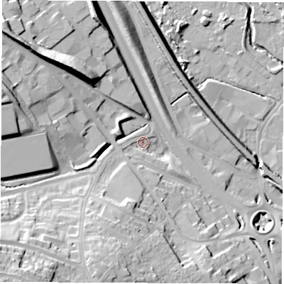 Shaded relief map of the ground around S418NN, computed from Environment Agency LiDAR. The ground here sits at about 73 m above sea level and falls 38 m across the surrounding 800 m. Surface water reaching this point runs off ground lying to the south-south-west, 6.1 m higher.