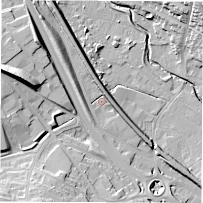 Shaded relief map of the ground around S418NQ, computed from Environment Agency LiDAR. The ground here sits at about 71 m above sea level and falls 28 m across the surrounding 800 m. Surface water reaching this point runs off ground lying to the north-north-west, 10.8 m higher.