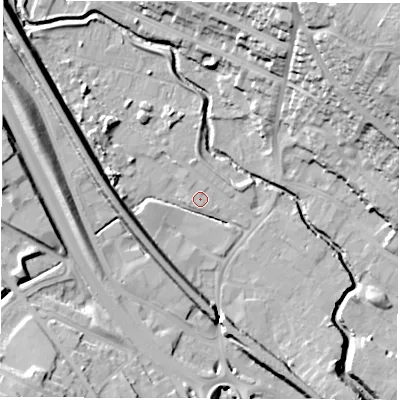 Shaded relief map of the ground around S419AG, computed from Environment Agency LiDAR. The ground here sits at about 69 m above sea level and falls 34 m across the surrounding 800 m. Surface water reaching this point runs off ground lying to the west-south-west, 0.9 m higher.
