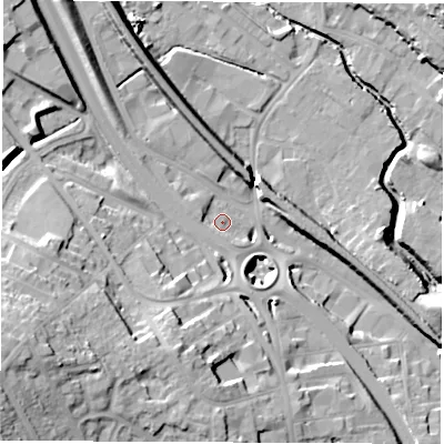 Shaded relief map of the ground around S419AH, computed from Environment Agency LiDAR. The ground here sits at about 70 m above sea level and falls 27 m across the surrounding 800 m. Surface water reaching this point runs off ground lying to the south-west, 8.9 m higher.