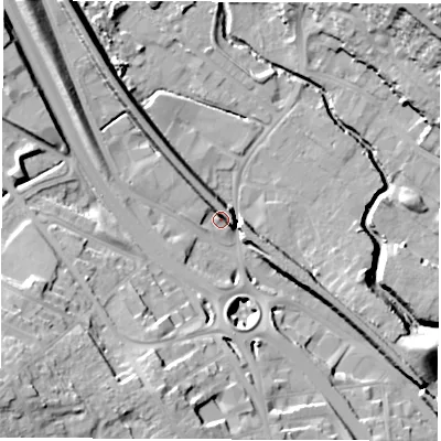 Shaded relief map of the ground around S419AJ, computed from Environment Agency LiDAR. The ground here sits at about 69 m above sea level and falls 27 m across the surrounding 800 m. Surface water reaching this point runs off ground lying to the north-west, 10.3 m higher.