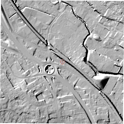 Shaded relief map of the ground around S419AP, computed from Environment Agency LiDAR. The ground here sits at about 68 m above sea level and falls 23 m across the surrounding 800 m. Surface water reaching this point runs off ground lying to the south-west, 8.6 m higher.