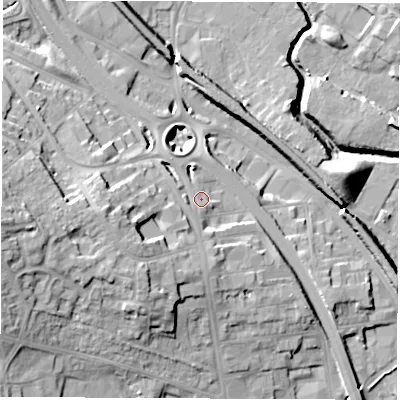 Shaded relief map of the ground around S419AQ, computed from Environment Agency LiDAR. The ground here sits at about 74 m above sea level and falls 25 m across the surrounding 800 m. Surface water reaching this point runs off ground lying to the south-south-west, 2.9 m higher.
