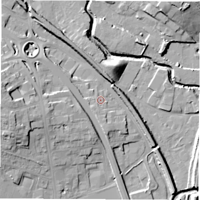 Shaded relief map of the ground around S419AR, computed from Environment Agency LiDAR. The ground here sits at about 69 m above sea level and falls 20 m across the surrounding 800 m. Surface water reaching this point runs off ground lying to the south-south-west, 2.4 m higher.