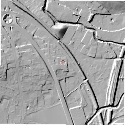 Shaded relief map of the ground around S419AT, computed from Environment Agency LiDAR. The ground here sits at about 70 m above sea level and falls 19 m across the surrounding 800 m. Surface water reaching this point runs off ground lying to the south-west, 4.3 m higher.