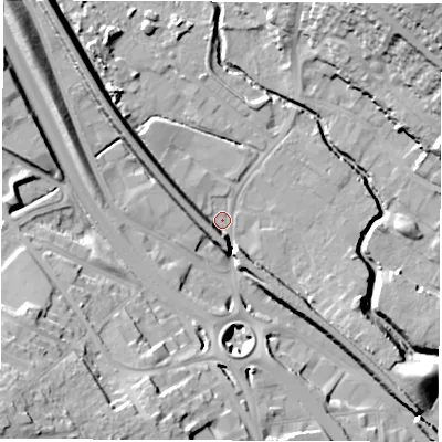 Shaded relief map of the ground around S419AW, computed from Environment Agency LiDAR. The ground here sits at about 68 m above sea level and falls 30 m across the surrounding 800 m. Surface water reaching this point runs off ground lying to the south-south-west, 15.8 m higher.