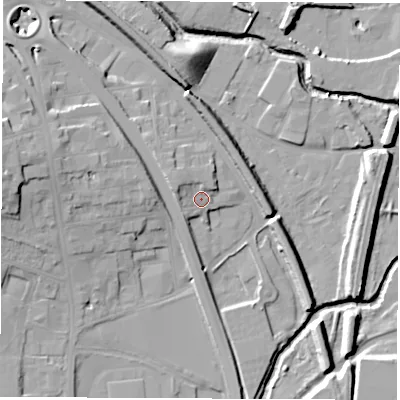 Shaded relief map of the ground around S419BB, computed from Environment Agency LiDAR. The ground here sits at about 70 m above sea level and falls 19 m across the surrounding 800 m. Surface water reaching this point runs off ground lying to the west-north-west, 4.0 m higher.