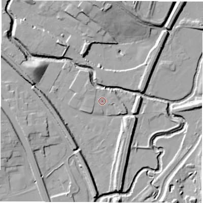 Shaded relief map of the ground around S419BE, computed from Environment Agency LiDAR. The ground here sits at about 67 m above sea level and falls 20 m across the surrounding 800 m. Surface water reaching this point runs off ground lying to the north-west, 1.5 m higher.