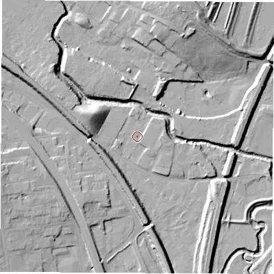 Shaded relief map of the ground around S419BG, computed from Environment Agency LiDAR. The ground here sits at about 66 m above sea level and falls 21 m across the surrounding 800 m. Surface water reaching this point runs off ground lying to the west-north-west, 9.9 m higher.