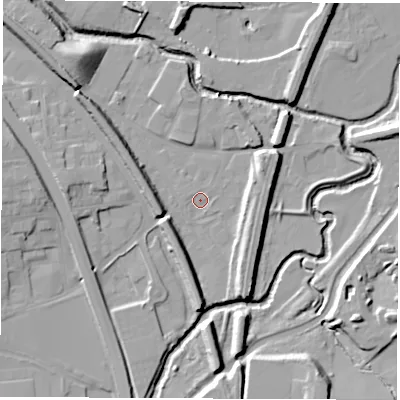 Shaded relief map of the ground around S419BH, computed from Environment Agency LiDAR. The ground here sits at about 66 m above sea level and falls 14 m across the surrounding 800 m. Surface water reaching this point runs off ground lying to the south-west, 6.9 m higher.