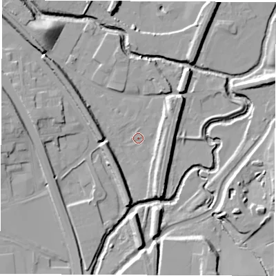 Shaded relief map of the ground around S419BP, computed from Environment Agency LiDAR. The ground here sits at about 66 m above sea level and falls 15 m across the surrounding 800 m. Surface water reaching this point runs off ground lying to the west-south-west, 6.9 m higher.