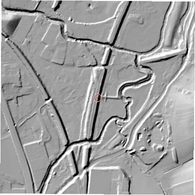 Shaded relief map of the ground around S419BQ, computed from Environment Agency LiDAR. The ground here sits at about 71 m above sea level and falls 25 m across the surrounding 800 m. Surface water reaching this point runs off ground lying to the south, 7.6 m higher.