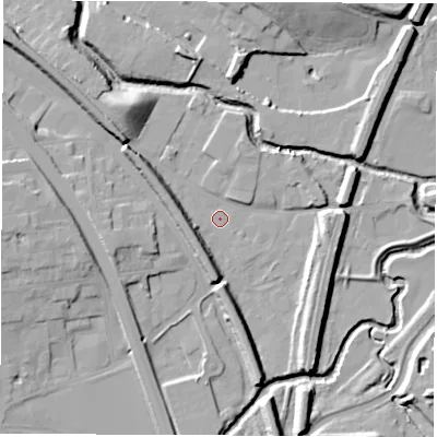Shaded relief map of the ground around S419BT, computed from Environment Agency LiDAR. The ground here sits at about 66 m above sea level and falls 14 m across the surrounding 800 m. Surface water reaching this point runs off ground lying to the north-west, 7.7 m higher.