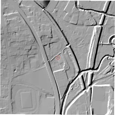 Shaded relief map of the ground around S419BU, computed from Environment Agency LiDAR. The ground here sits at about 66 m above sea level and falls 18 m across the surrounding 800 m. Surface water reaching this point runs off ground lying to the north-west, 4.9 m higher.