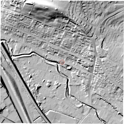Shaded relief map of the ground around S419DG, computed from Environment Agency LiDAR. The ground here sits at about 73 m above sea level and falls 51 m across the surrounding 800 m. Surface water reaching this point runs off ground lying to the north-east, 31.1 m higher.