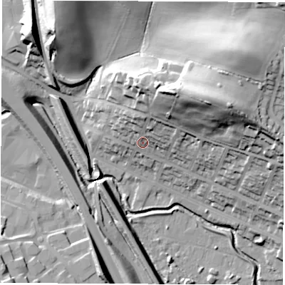 Shaded relief map of the ground around S419DR, computed from Environment Agency LiDAR. The ground here sits at about 81 m above sea level and falls 51 m across the surrounding 800 m. Surface water reaching this point runs off ground lying to the north-north-east, 31.4 m higher.