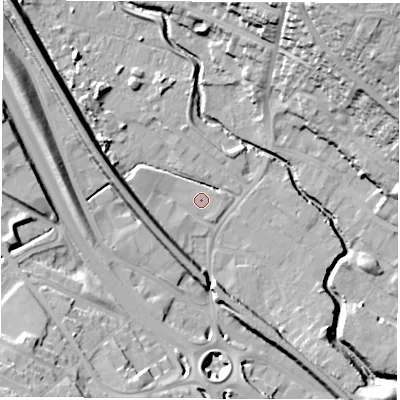 Shaded relief map of the ground around S419EG, computed from Environment Agency LiDAR. The ground here sits at about 68 m above sea level and falls 33 m across the surrounding 800 m. The ground contributing surface water to this point lies to the east-south-east.