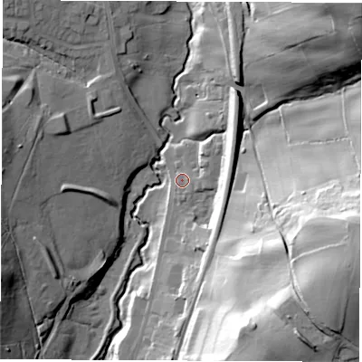 Shaded relief map of the ground around S419EJ, computed from Environment Agency LiDAR. The ground here sits at about 83 m above sea level and falls 59 m across the surrounding 800 m. Surface water reaching this point runs off ground lying to the east-north-east, 13.2 m higher.