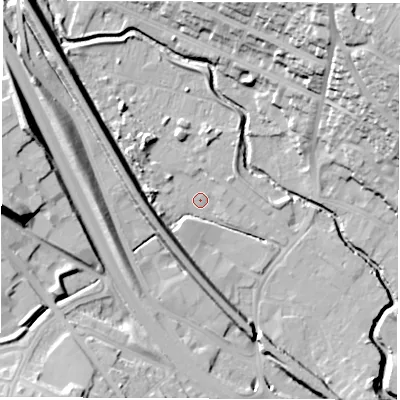 Shaded relief map of the ground around S419ES, computed from Environment Agency LiDAR. The ground here sits at about 69 m above sea level and falls 34 m across the surrounding 800 m. Surface water reaching this point runs off ground lying to the north-west, 10.9 m higher.