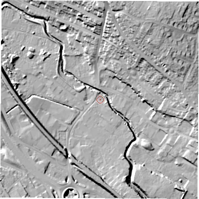 Shaded relief map of the ground around S419EU, computed from Environment Agency LiDAR. The ground here sits at about 68 m above sea level and falls 34 m across the surrounding 800 m. Surface water reaching this point runs off ground lying to the south-west, 12.4 m higher.