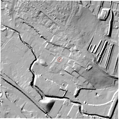 Shaded relief map of the ground around S419EY, computed from Environment Agency LiDAR. The ground here sits at about 71 m above sea level and falls 32 m across the surrounding 800 m. Surface water reaching this point runs off ground lying to the north-north-east, 17.4 m higher.
