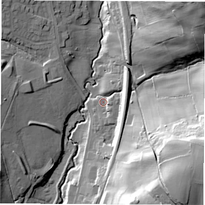 Shaded relief map of the ground around S419FB, computed from Environment Agency LiDAR. The ground here sits at about 82 m above sea level and falls 70 m across the surrounding 800 m. Surface water reaching this point runs off ground lying to the east-north-east, 15.0 m higher.