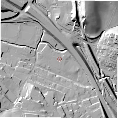 Shaded relief map of the ground around S419FE, computed from Environment Agency LiDAR. The ground here sits at about 76 m above sea level and falls 38 m across the surrounding 800 m. Surface water reaching this point runs off ground lying to the south-south-west, 22.8 m higher.