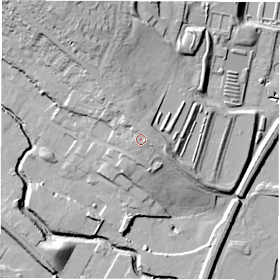 Shaded relief map of the ground around S419HY, computed from Environment Agency LiDAR. The ground here sits at about 81 m above sea level and falls 35 m across the surrounding 800 m. Surface water reaching this point runs off ground lying to the north-north-west, 3.1 m higher.