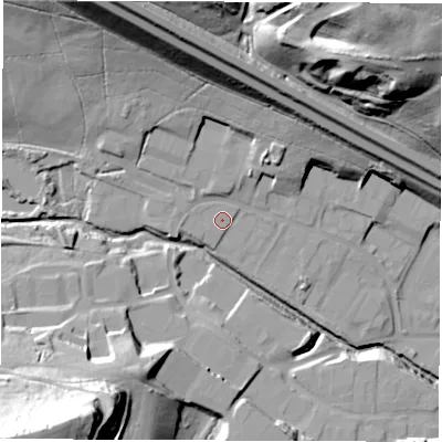Shaded relief map of the ground around S419QB, computed from Environment Agency LiDAR. The ground here sits at about 87 m above sea level and falls 66 m across the surrounding 800 m. Surface water reaching this point runs off ground lying to the west, 0.8 m higher.