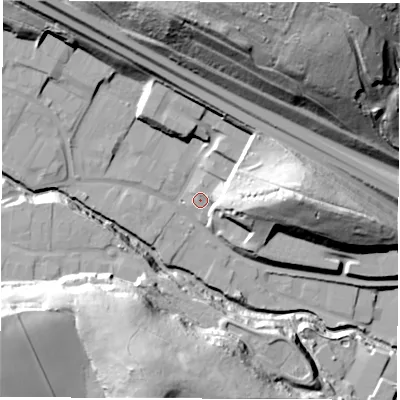 Shaded relief map of the ground around S419QJ, computed from Environment Agency LiDAR. The ground here sits at about 82 m above sea level and falls 62 m across the surrounding 800 m. Surface water reaching this point runs off ground lying to the east, 12.8 m higher.