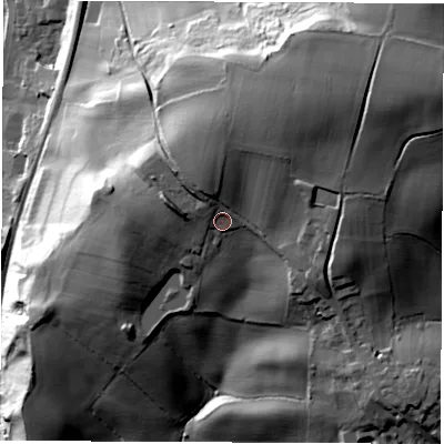 Shaded relief map of the ground around S419QS, computed from Environment Agency LiDAR. The ground here sits at about 124 m above sea level and falls 77 m across the surrounding 800 m. Surface water reaching this point runs off ground lying to the north, 8.8 m higher.