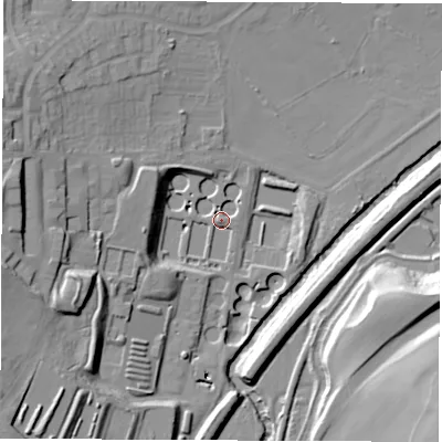 Shaded relief map of the ground around S419QU, computed from Environment Agency LiDAR. The ground here sits at about 63 m above sea level and falls 29 m across the surrounding 800 m. Surface water reaching this point runs off ground lying to the west-south-west, 24.4 m higher.