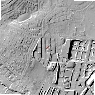 Shaded relief map of the ground around S419QX, computed from Environment Agency LiDAR. The ground here sits at about 77 m above sea level and falls 37 m across the surrounding 800 m. Surface water reaching this point runs off ground lying to the west, 9.4 m higher.
