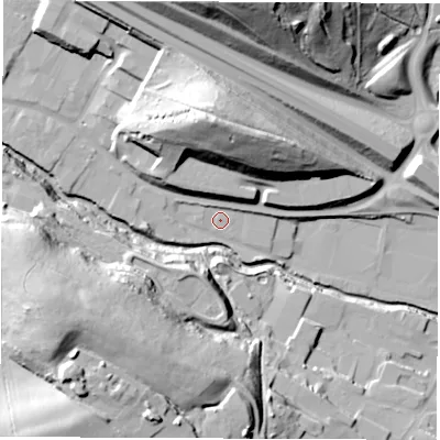 Shaded relief map of the ground around S419RT, computed from Environment Agency LiDAR. The ground here sits at about 78 m above sea level and falls 48 m across the surrounding 800 m. Surface water reaching this point runs off ground lying to the north, 30.8 m higher.