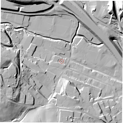 Shaded relief map of the ground around S419RX, computed from Environment Agency LiDAR. The ground here sits at about 79 m above sea level and falls 38 m across the surrounding 800 m. Surface water reaching this point runs off ground lying to the south-west, 6.6 m higher.