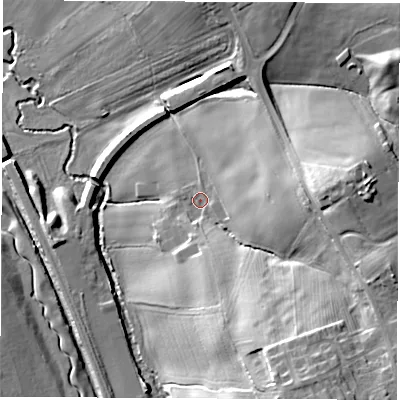 Shaded relief map of the ground around S425EA, computed from Environment Agency LiDAR. The ground here sits at about 91 m above sea level and falls 30 m across the surrounding 800 m. Surface water reaching this point runs off ground lying to the south-south-east, 22.6 m higher.