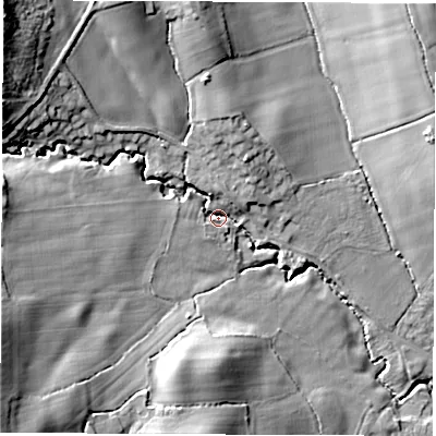 Shaded relief map of the ground around S426AE, computed from Environment Agency LiDAR. The ground here sits at about 143 m above sea level and falls 31 m across the surrounding 800 m. Surface water reaching this point runs off ground lying to the north-west, 20.1 m higher.