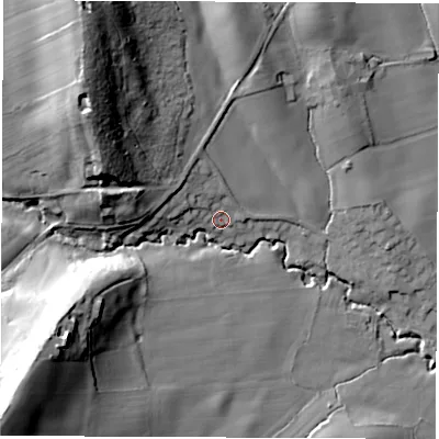 Shaded relief map of the ground around S426AF, computed from Environment Agency LiDAR. The ground here sits at about 151 m above sea level and falls 58 m across the surrounding 800 m. Surface water reaching this point runs off ground lying to the west-north-west, 23.8 m higher.