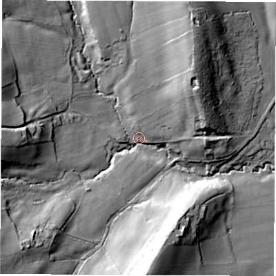 Shaded relief map of the ground around S426AJ, computed from Environment Agency LiDAR. The ground here sits at about 159 m above sea level and falls 54 m across the surrounding 800 m. Surface water reaching this point runs off ground lying to the south-west, 44.0 m higher.