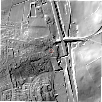 Shaded relief map of the ground around S426BQ, computed from Environment Agency LiDAR. The ground here sits at about 97 m above sea level and falls 37 m across the surrounding 800 m. Surface water reaching this point runs off ground lying to the west-south-west, 17.6 m higher.