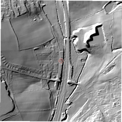 Shaded relief map of the ground around S426BU, computed from Environment Agency LiDAR. The ground here sits at about 98 m above sea level and falls 30 m across the surrounding 800 m. Surface water reaching this point runs off ground lying to the west-north-west, 26.1 m higher.