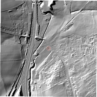 Shaded relief map of the ground around S426DA, computed from Environment Agency LiDAR. The ground here sits at about 97 m above sea level and falls 35 m across the surrounding 800 m. Surface water reaching this point runs off ground lying to the south, 27.3 m higher.
