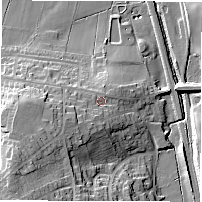 Shaded relief map of the ground around S426EU, computed from Environment Agency LiDAR. The ground here sits at about 105 m above sea level and falls 41 m across the surrounding 800 m. Surface water reaching this point runs off ground lying to the south-west, 9.8 m higher.