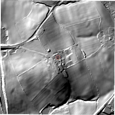 Shaded relief map of the ground around S426JU, computed from Environment Agency LiDAR. The ground here sits at about 133 m above sea level and falls 50 m across the surrounding 800 m. Surface water reaching this point runs off ground lying to the south, 6.8 m higher.