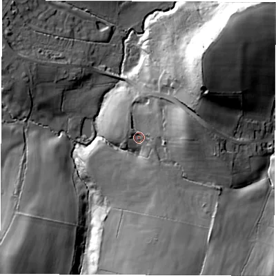 Shaded relief map of the ground around S426LH, computed from Environment Agency LiDAR. The ground here sits at about 114 m above sea level and falls 35 m across the surrounding 800 m. Surface water reaching this point runs off ground lying to the east, 10.4 m higher.