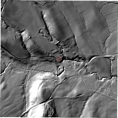 Shaded relief map of the ground around S426RA, computed from Environment Agency LiDAR. The ground here sits at about 132 m above sea level and falls 45 m across the surrounding 800 m. Surface water reaching this point runs off ground lying to the west-north-west, 17.3 m higher.