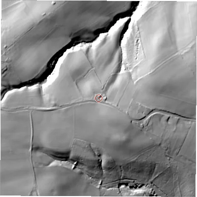 Shaded relief map of the ground around S427AU, computed from Environment Agency LiDAR. The ground here sits at about 192 m above sea level and falls 60 m across the surrounding 800 m. Surface water reaching this point runs off ground lying to the south-east, 7.9 m higher.